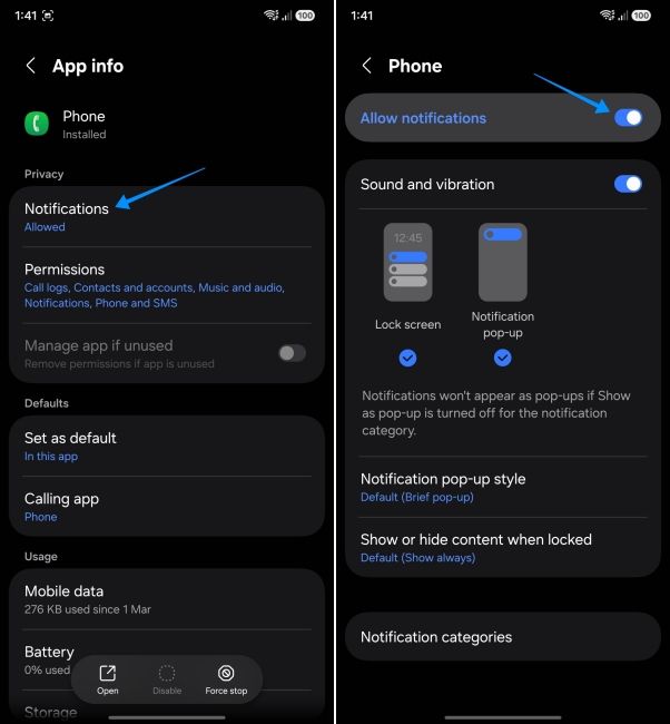 screenshot from samsung phone showing how to enable phone app notifications