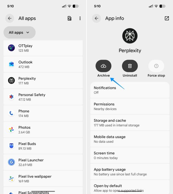 screenshot from pixel showing how to archive android apps from app info page