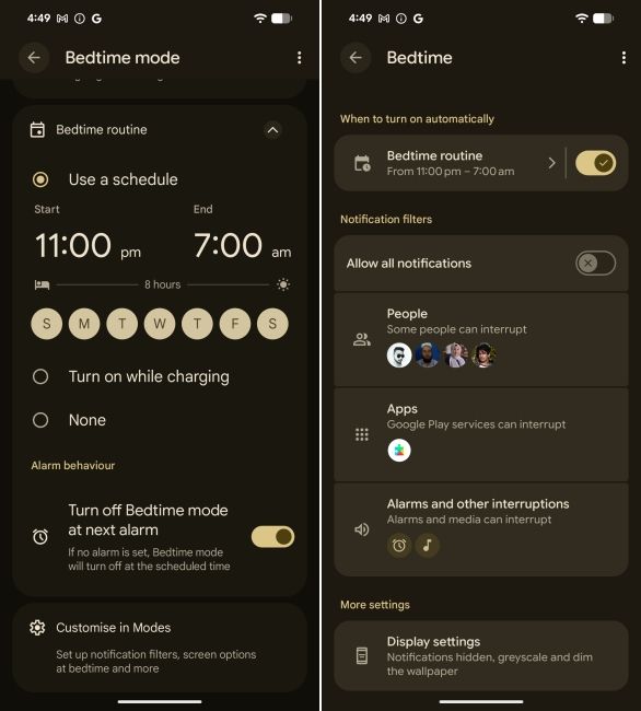 screenshot from pixel showing how to customise bedtime mode in android