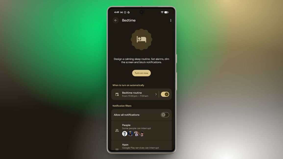 image showing android bedtime mode settings