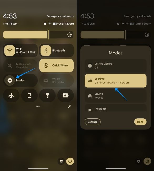 screenshot from pixel showing how to activate bedtime mode in android qs panel