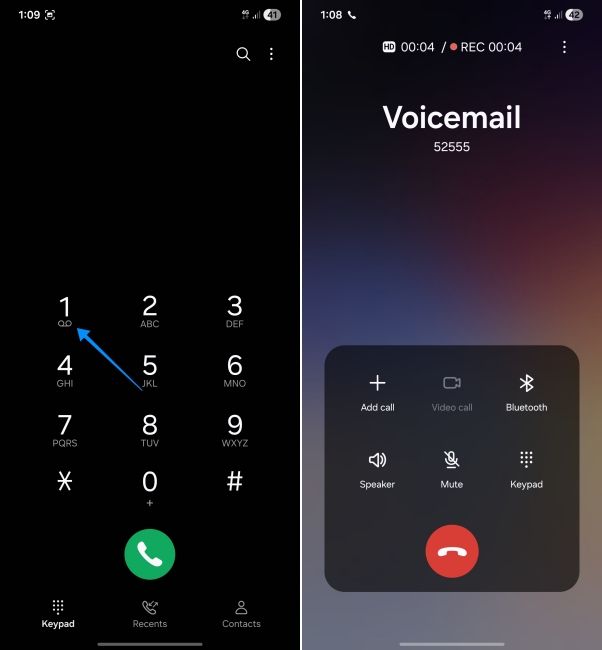 screenshot from an android phone showing how to connect to voicemail