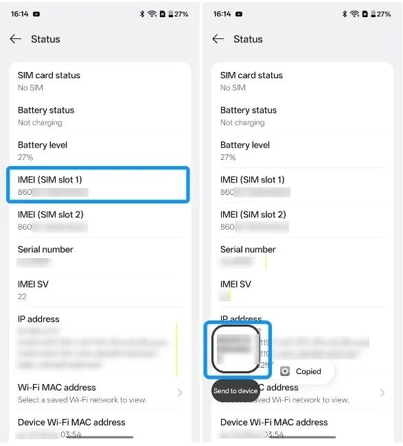 screenshot from a oneplus phone showing imei number under settings page