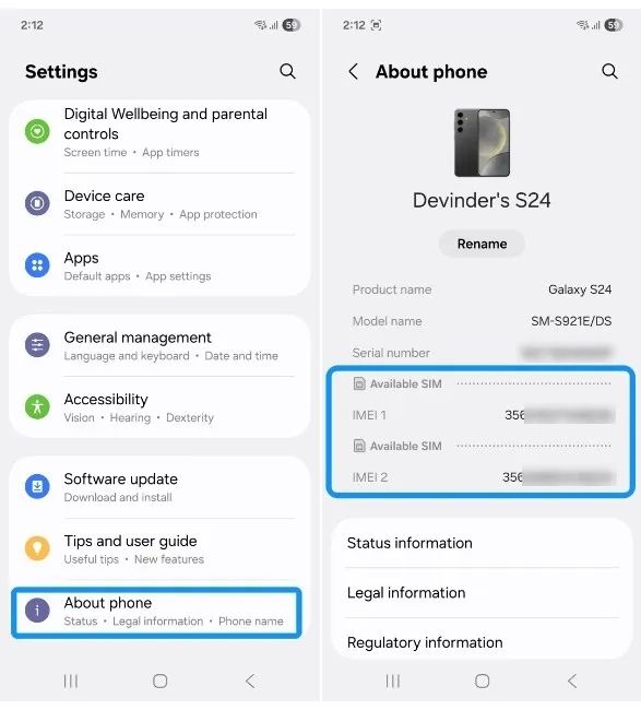 screenshot from a samsung phone showing imei number under settings page