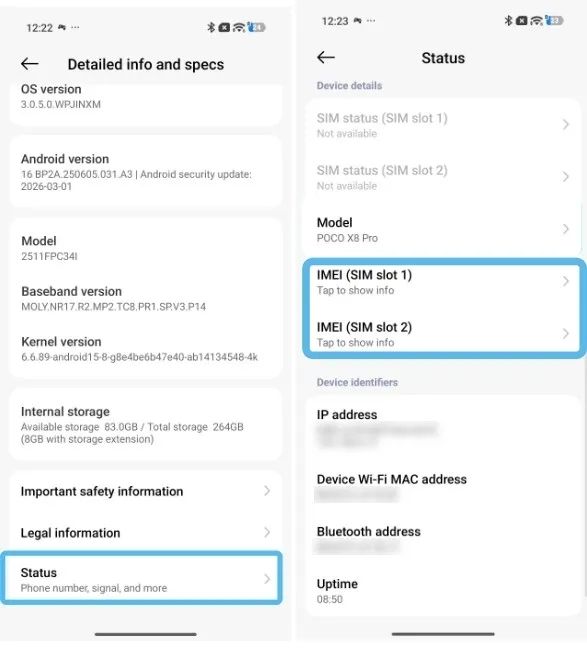 screenshot from a xiaomi phone showing imei number under settings page