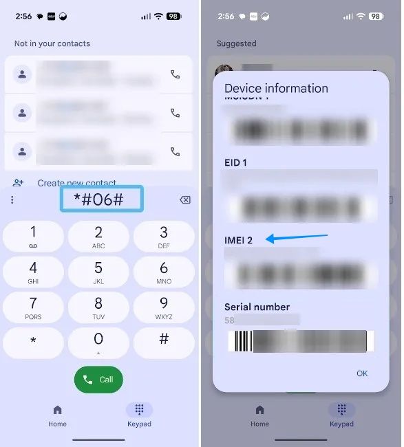 screenshot from an android phone showing imei number via dialler code