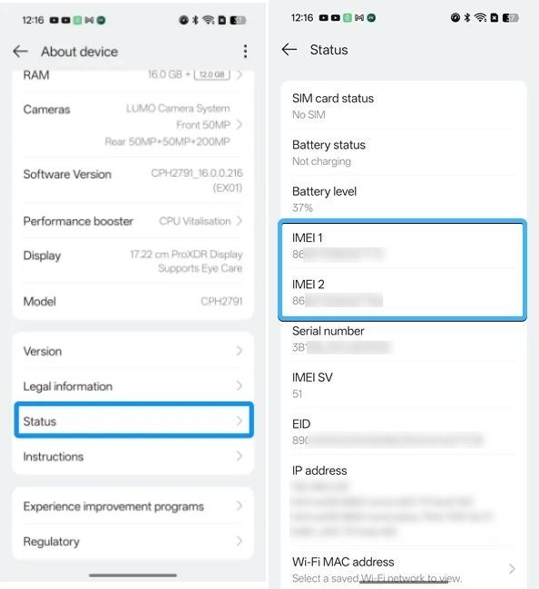 screenshot from an oppo phone showing imei number under settings page