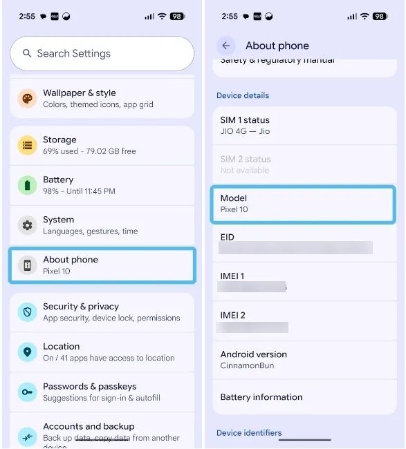 screenshot from a pixel phone showing imei number under settings page