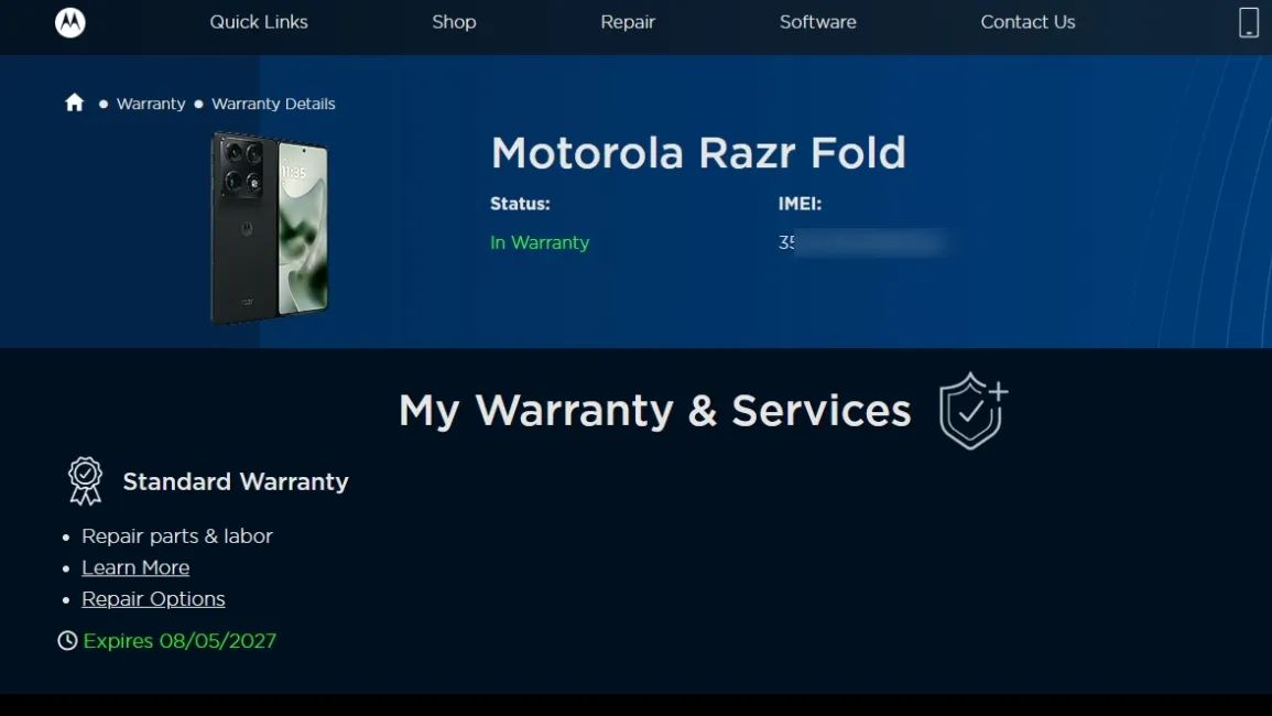 screenshot from motorola phone showing warranty information