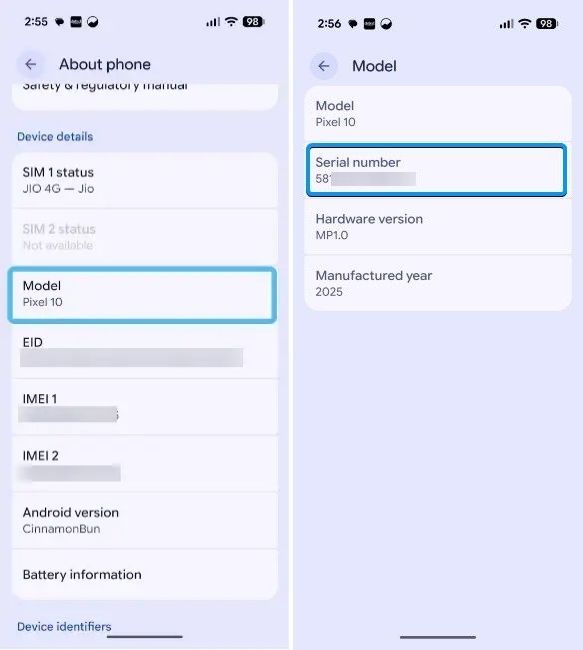 screenshot from a pixel phone showing serial number via settings screenshot from a pixel phone showing serial number via settings