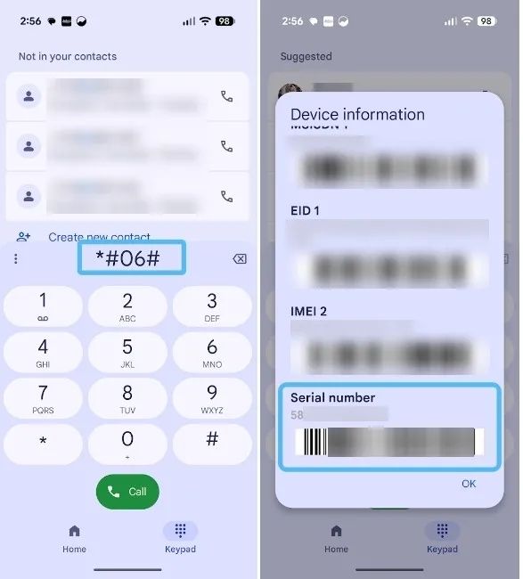 screenshot from an android phone showing serial number via dialler code screenshot from an android phone showing serial number via dialler code