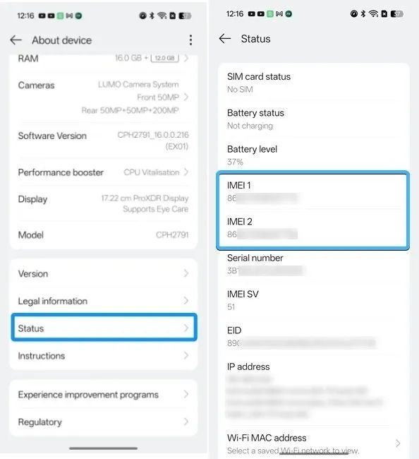 screenshot from an oppo phone showing serial number via settings screenshot from an oppo phone showing serial number via settings