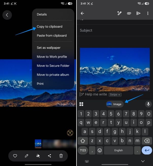 screenshot from an android phone showing how to copy and paste an image from the gallery app