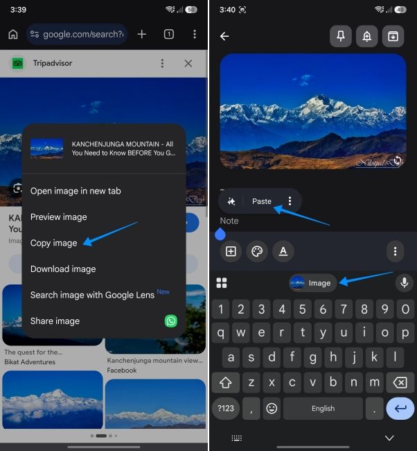 screenshot from an android phone showing how to copy and paste an image from a web browser