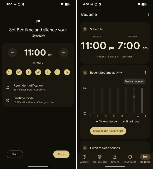 screenshot from pixel showing how to customise bedtime mode in clock app on android