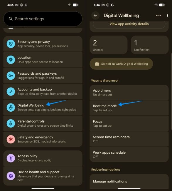screenshot from pixel showing bedtime mode in android