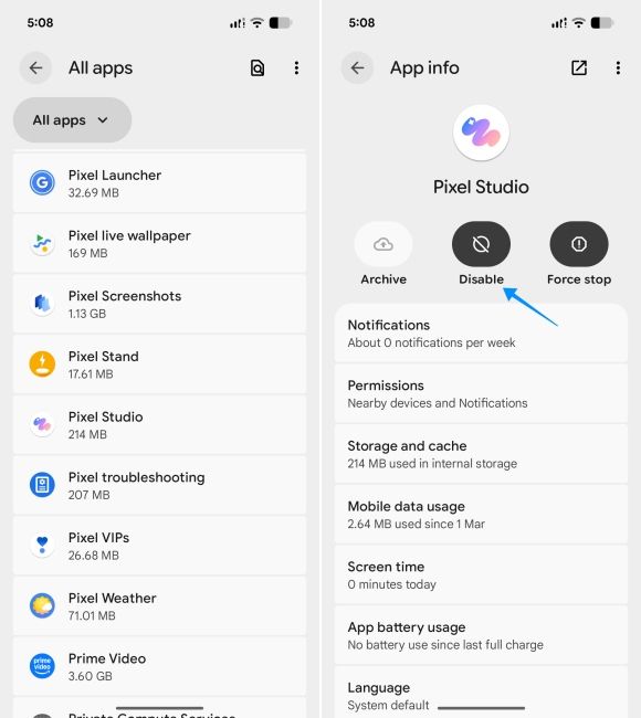 screenshot from pixel showing how to disable android apps from app info page