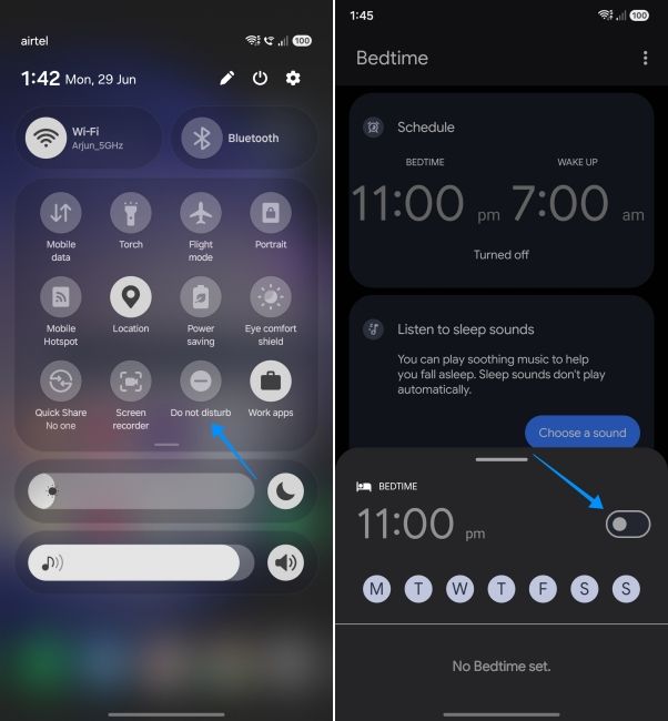 screenshot from samsung phone showing how to disable DND and bedtime mode