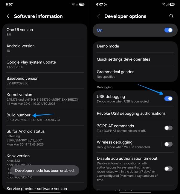 screenshot from android phone showing how to enable usb debugging
