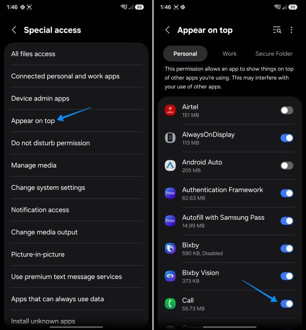 screenshot from samsung phone showing how to enable appear on top permission for calls