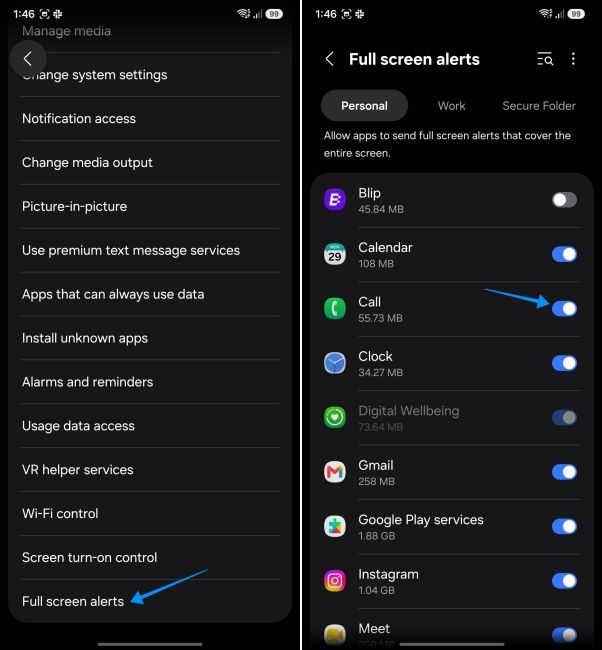 screenshot from samsung phone showing how to enable full screen alerts for calls