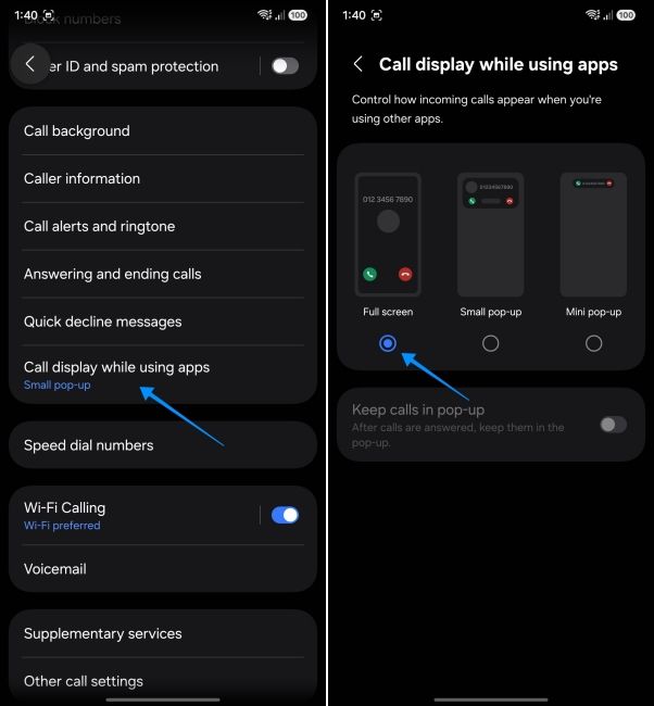 screenshot from samsung phone showing how to enable full screen call display notification