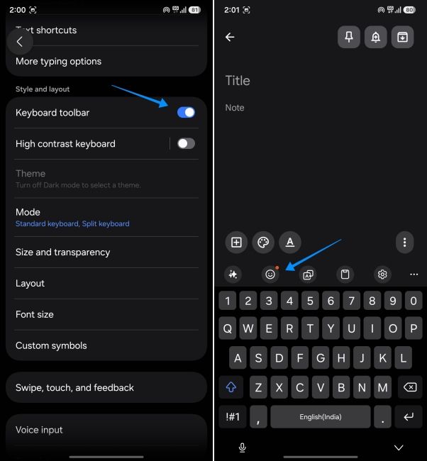 screenshot from one ui showing how to enable keyboard toolbar on samsung keyboard
