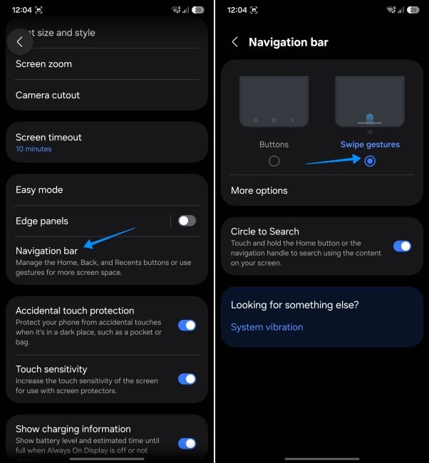 screenshot from samsung phone showing how to enable swipe gestures from settings