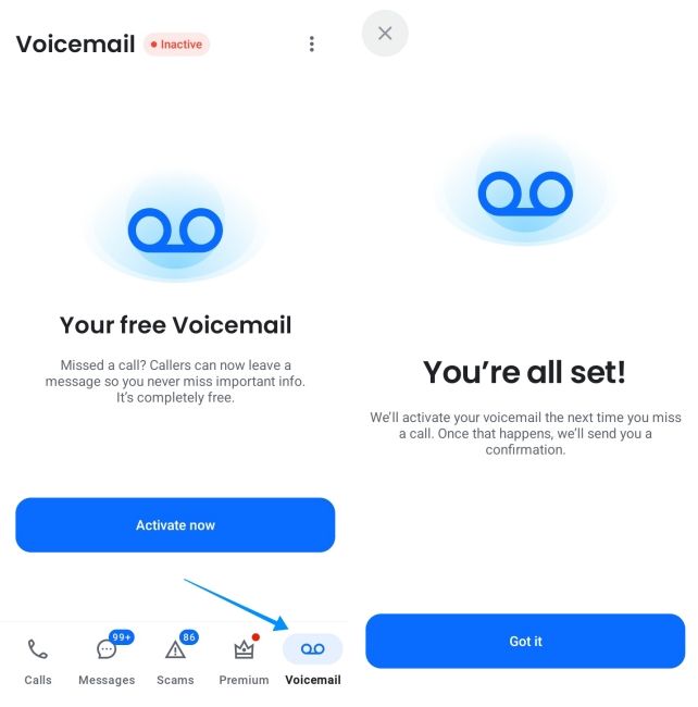 screenshot from an android phone showing how to set up truecaller voicemail
