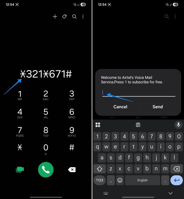 screenshot from an android phone showing how to set up voicemail on android using airtel number