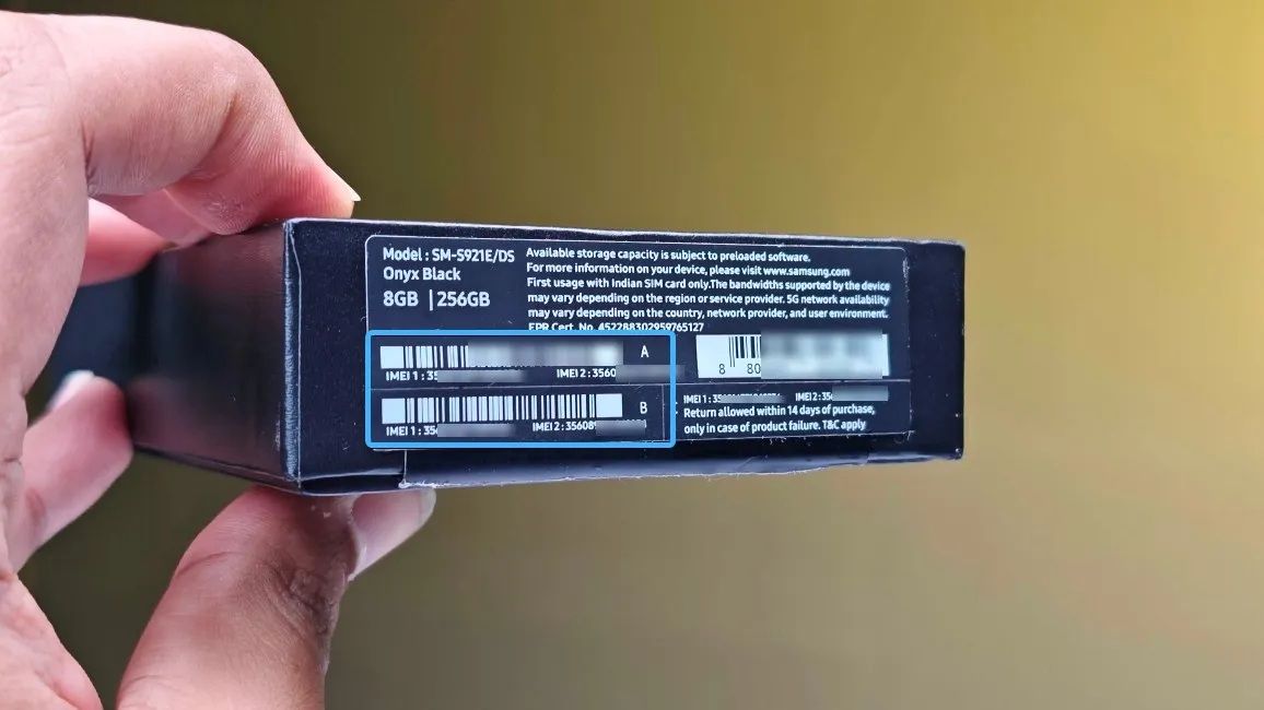 an image showing samsung phone retail box with imei number