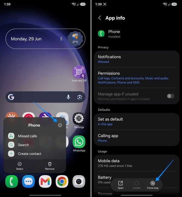 screenshot from samsung phone showing how to force stop the phone app