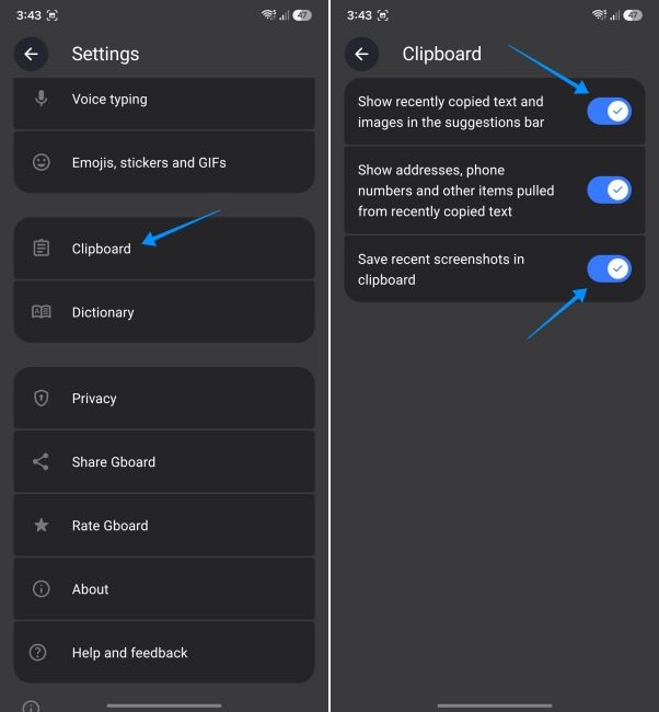 screenshot from an android phone showing how to show images and screenshots in gboard's clipboard