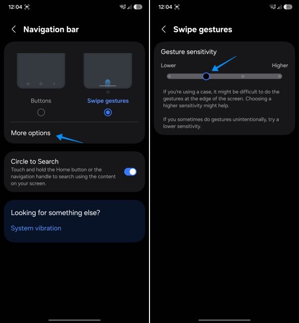 screenshot from samsung phone showing how to adjust swipe gestures sensitivity
