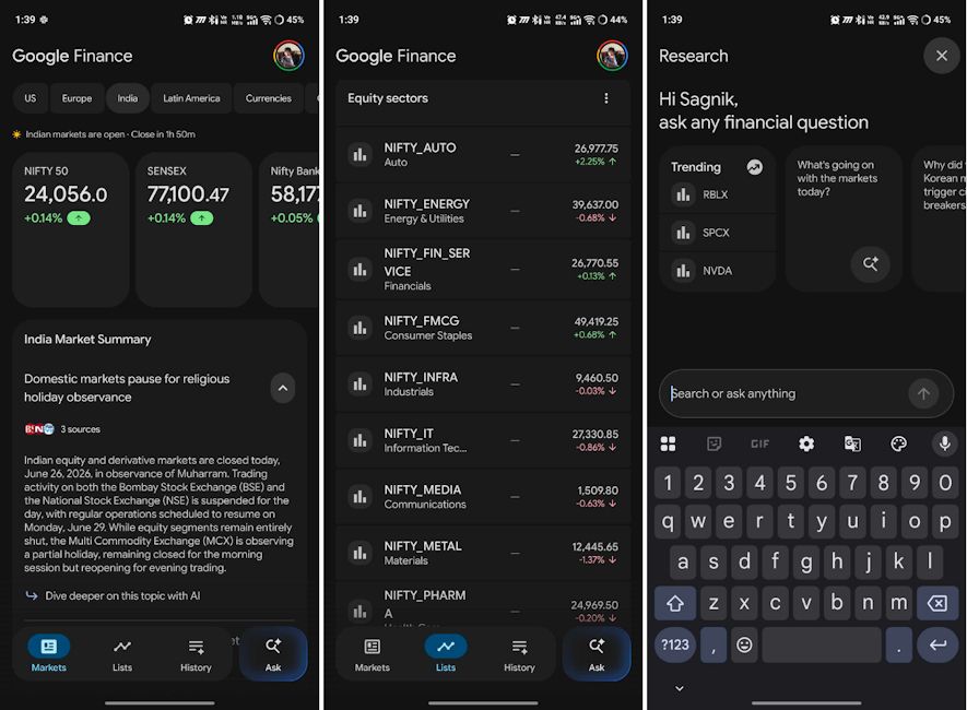 Google Finance Android app interface showcased