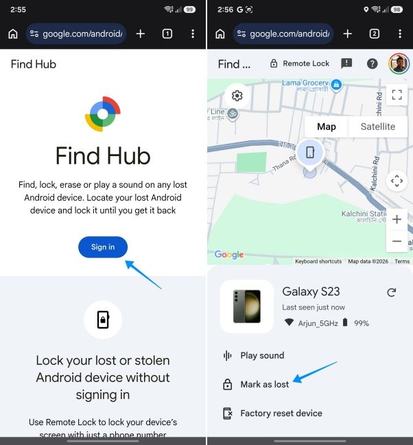 screenshot from android phone showing google find hub locating lost samsung mobile screenshot from android phone showing google find hub locating lost samsung mobile