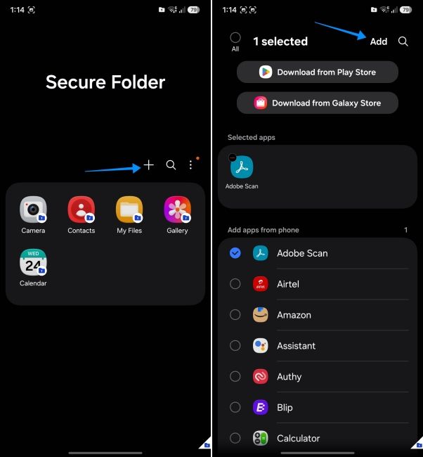 screenshot from a samsung phone showing how to add apps to secure folder