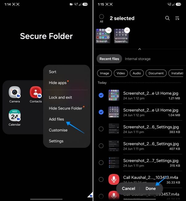 screenshot from a samsung phone showing how to add files to secure folder