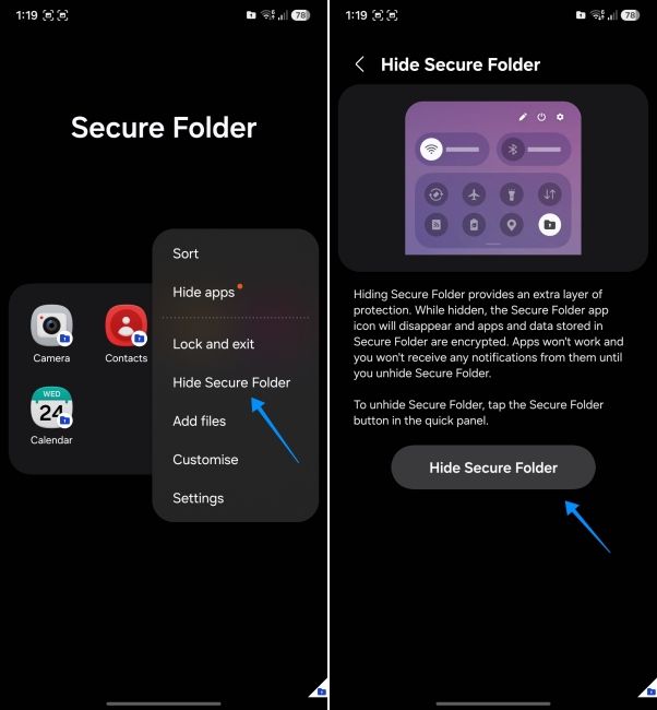 screenshot from a samsung phone showing how to hide secure folder