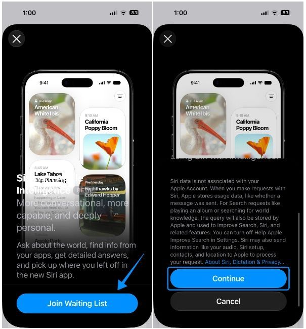 screenshot from iphone showing how to join siri ai waitlist