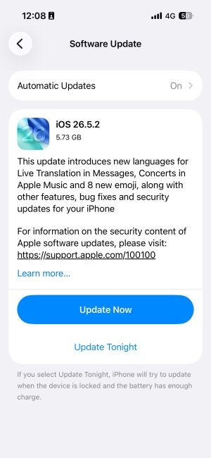 iOS 26.5.2 Update screen on iPhone