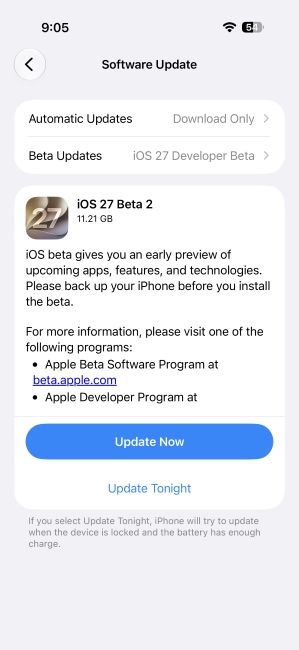 Apple iOS 27 Developer Beta 2 update page
