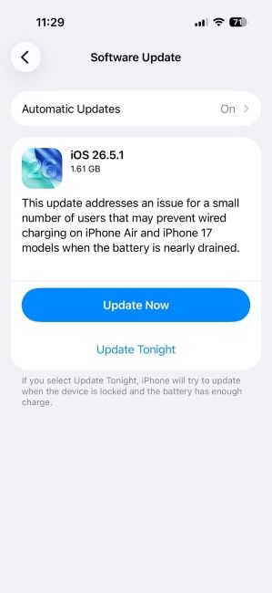 iOS 26.5.1 OTA on iPhone 17 software update page iOS 26.5.1 OTA on iPhone 17 software update page