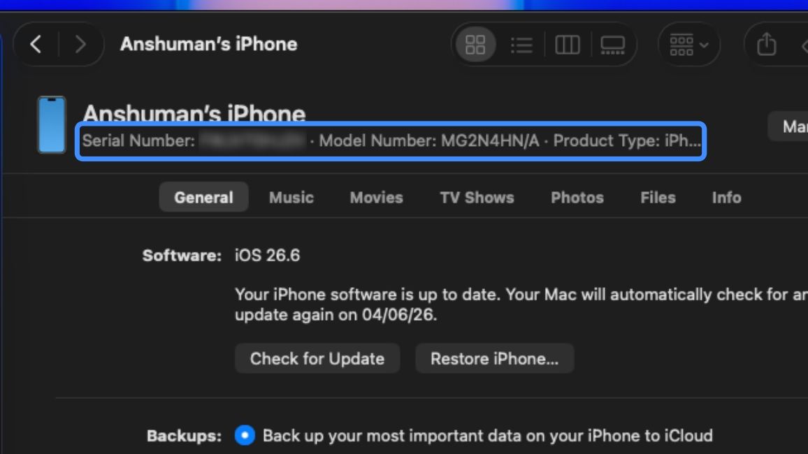 iPhone serial and model number details in the Mac Finder app iPhone serial and model number details in the Mac Finder app