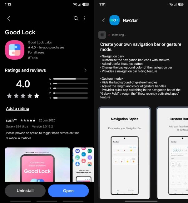 screenshot from samsung phone showing how to install good lock and navstar module