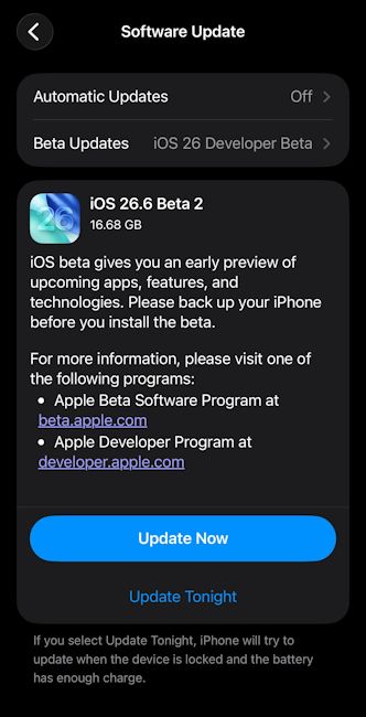 iOS 26.6 Developer Beta 2 update page screenshot iOS 26.6 Developer Beta 2 update page screenshot