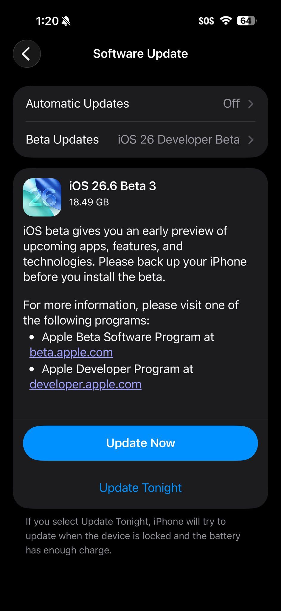 iOS 26.6 Developer Beta 3 update page screenshot