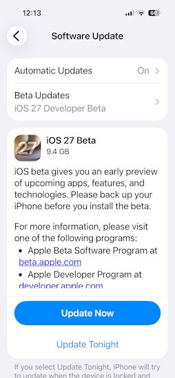 iOS 27 Developer Beta update page