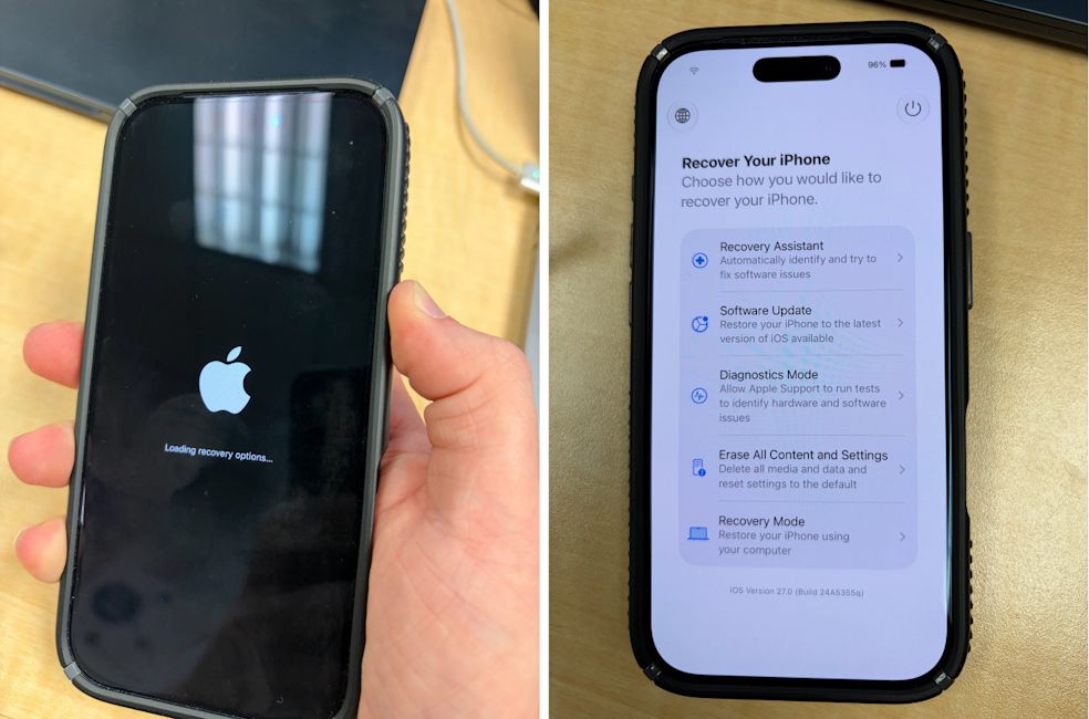 Photos showcasing iOS 27 new recovery menu options