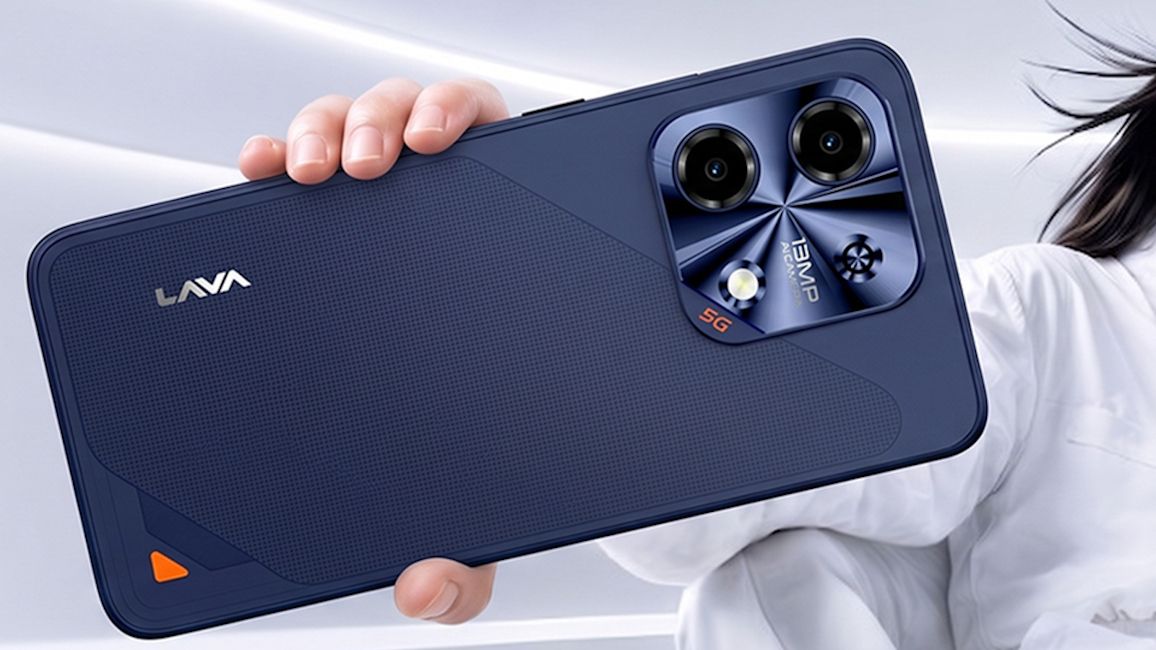 Lava Bold N2 5G blue back design showcased while in hand
